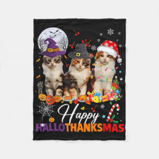 Happy Hallothanksmas Cute Cats Halloween Thanksgiv Fleece Blanket