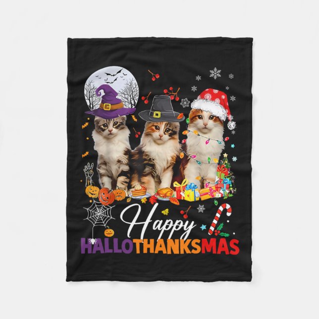 Happy Hallothanksmas Cute Cats Halloween Thanksgiv Fleece Blanket (Front)