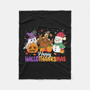 Happy Hallothanksmas Cute Ghost Halloween Thanksgi Fleece Blanket