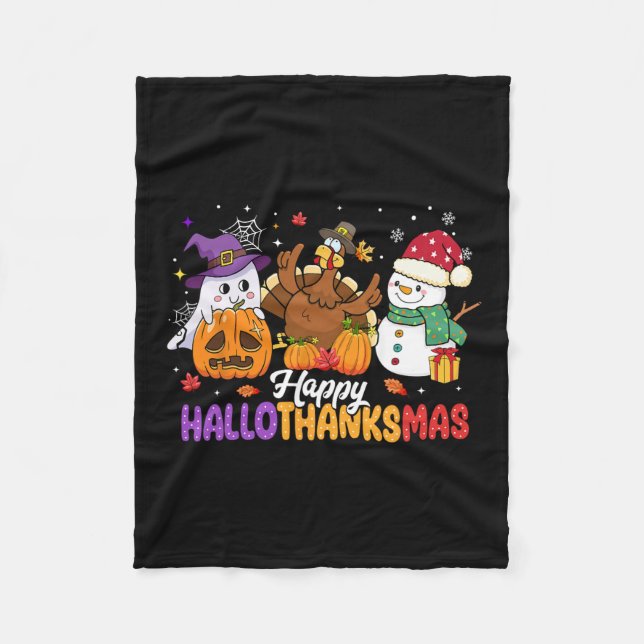 Happy Hallothanksmas Cute Ghost Halloween Thanksgi Fleece Blanket (Front)