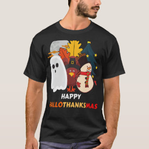 Happy HalloThanksMas,Cute Ghosts, Turkey, Snowman T-Shirt