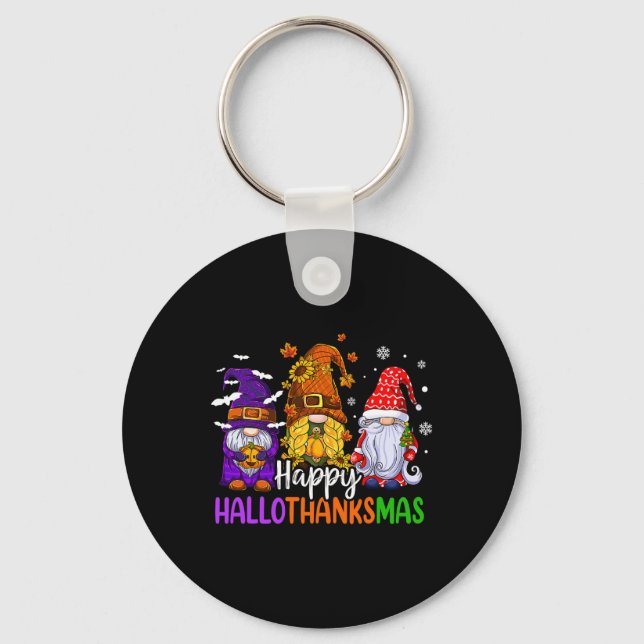 Happy Hallothanksmas Cute Gnomes Fall Halloween Wo Key Ring (Front)