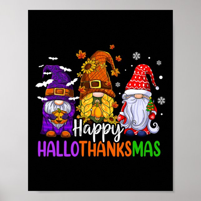 Happy Hallothanksmas Cute Gnomes Fall Halloween Wo Poster (Front)
