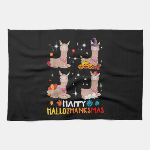 Happy Hallothanksmas Cute Witch Turkey Santa Llama Tea Towel
