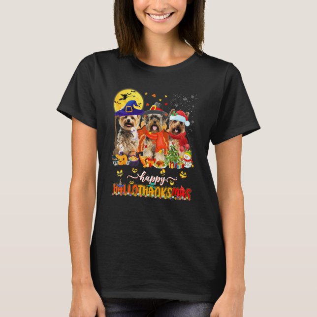Happy Hallothanksmas Cute Yorkie Wizard Hat Turkey T-Shirt (Front)
