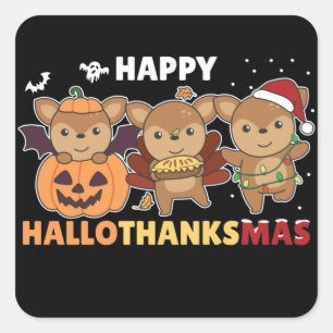 Happy Hallothanksmas Deers Christmas Deer Square S Sticker