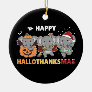 Happy Hallothanksmas Elephant Christmas Elephant C Ceramic Ornament