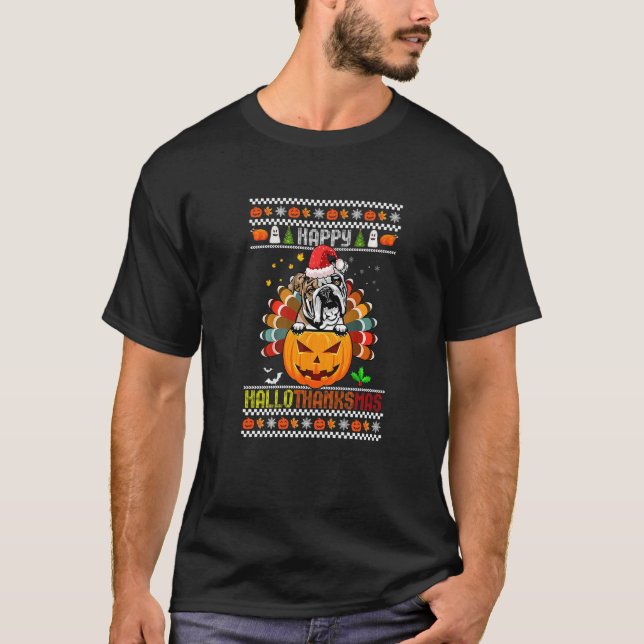 Happy Hallothanksmas English Bulldog Santa Pumpkin T-Shirt (Front)