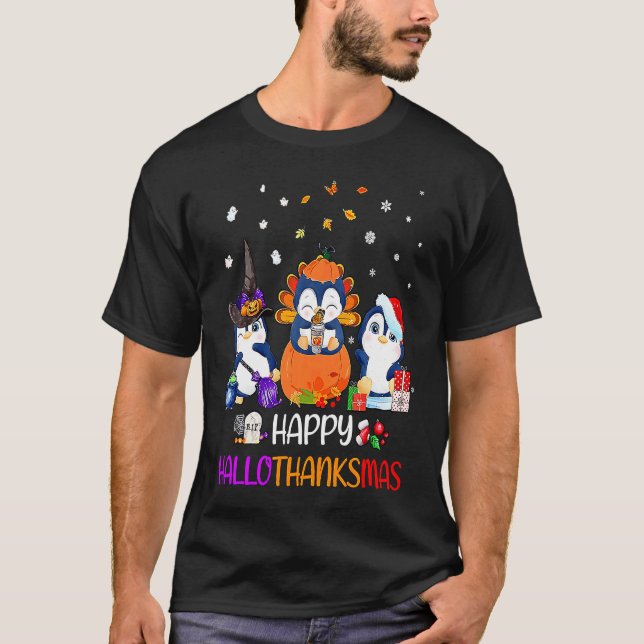 Happy HalloThanksMas Fall Pumpkin  Penguin T-Shirt (Front)