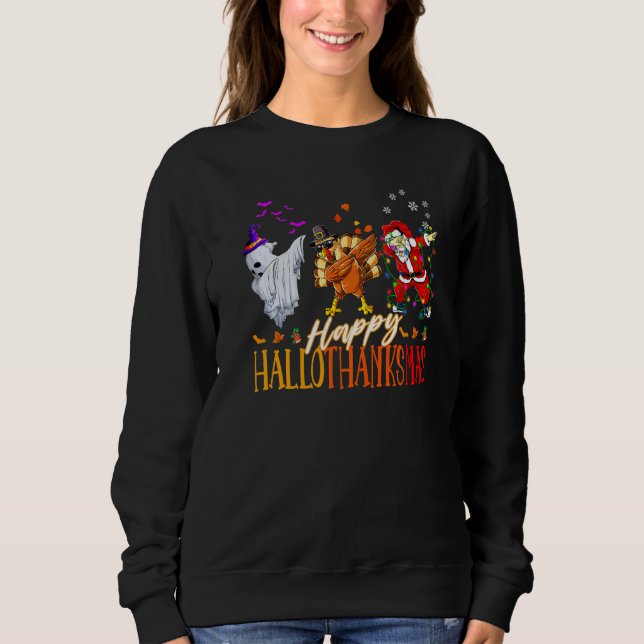 Happy Hallothanksmas Family Cute Ghost Turkey Sant Sweatshirt (Front)