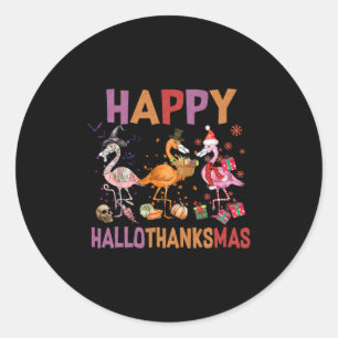 happy hallothanksmas flamingo halloween thanksgivi classic round sticker