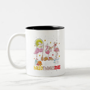 Happy HalloThanksMas Flamingo Witch Turkey Reindee Two-Tone Coffee Mug
