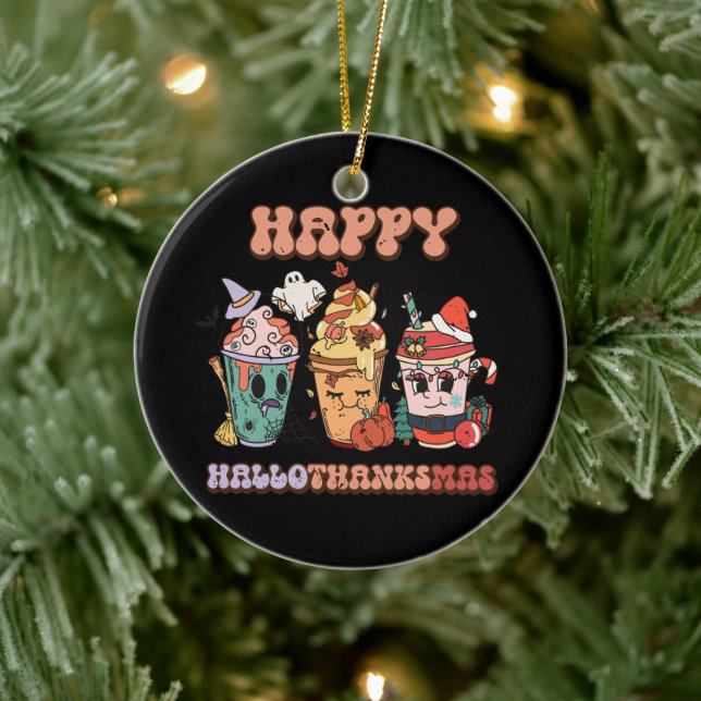 Happy HalloThanksMas Funny Dark Ceramic Ornament (Tree)