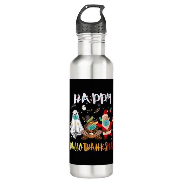 Happy Hallothanksmas Funny Halloween Thanksgiving 710 Ml Water Bottle (Front)
