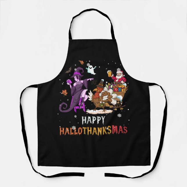 Happy Hallothanksmas Funny Halloween Thanksgiving  Apron (Front)