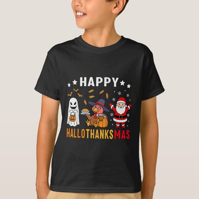 Happy Hallothanksmas Ghost Turkey Pumpkin Christma T-Shirt (Front)