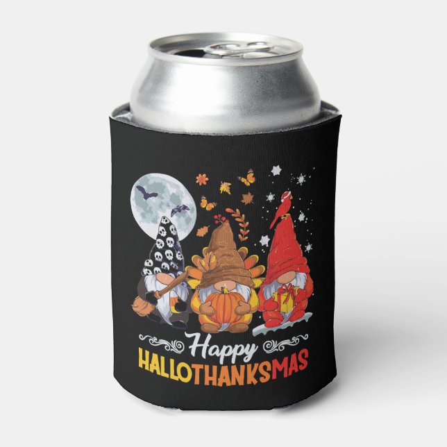 Happy Hallothanksmas Gnomes Halloween Thanksgiving Can Cooler (Can Front)