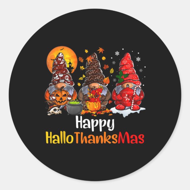 Happy Hallothanksmas Gnomes Halloween Thanksgiving Classic Round Sticker (Front)