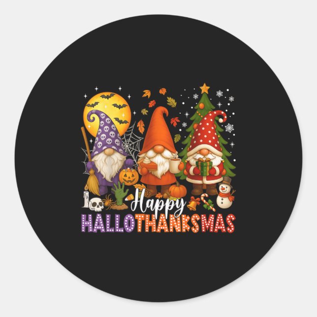 Happy Hallothanksmas Gnomes Halloween Thanksgiving Classic Round Sticker (Front)