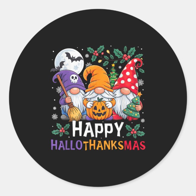 Happy Hallothanksmas Gnomes Halloween Thanksgiving Classic Round Sticker (Front)