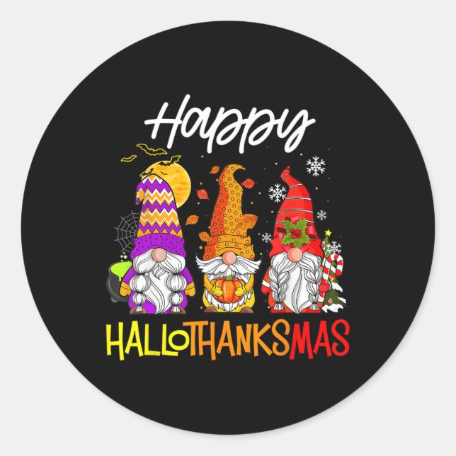 Happy Hallothanksmas Gnomes Halloween Thanksgiving Classic Round Sticker (Front)