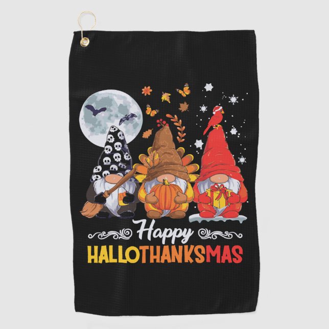 Happy Hallothanksmas Gnomes Halloween Thanksgiving Golf Towel (Front)