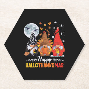 Happy Hallothanksmas Gnomes Halloween Thanksgiving Paper Coaster