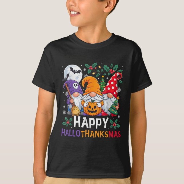 Happy Hallothanksmas Gnomes Halloween Thanksgiving T-Shirt (Front)