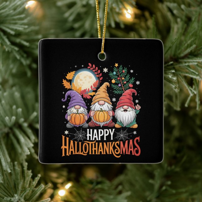 Happy Hallothanksmas Gnomes Lover Halloween Xmas Ceramic Ornament (Tree)