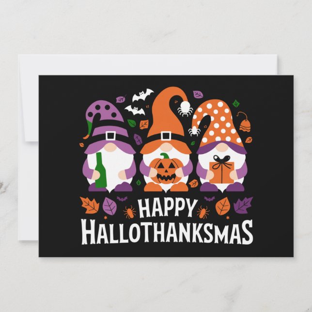 Happy Hallothanksmas Gnomes Lover Merry Christmas Holiday Card (Front)