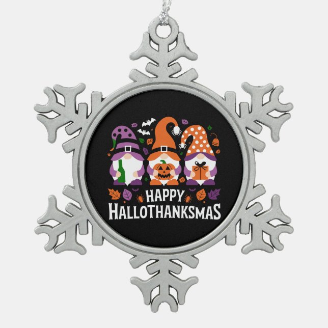 Happy Hallothanksmas Gnomes Lover Merry Christmas Snowflake Pewter Christmas Ornament (Front)