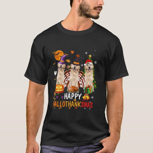 Happy Hallothanksmas Golden Retriever Halloween Th T-Shirt (Front)