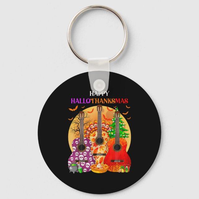 Happy Hallothanksmas Guitar Halloween Thanksgiving Key Ring (Front)