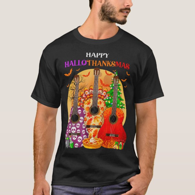 Happy Hallothanksmas Guitar Halloween Thanksgiving T-Shirt (Front)