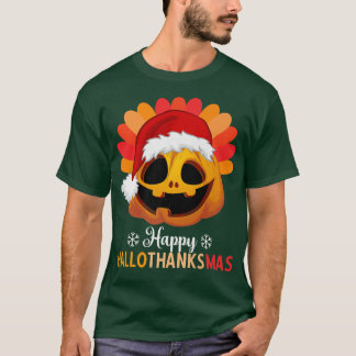 Happy Hallothanksmas Halloween Pumpkin Santa's Hat T-Shirt