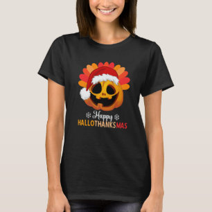 Happy Hallothanksmas Halloween Pumpkin Santa's Hat T-Shirt