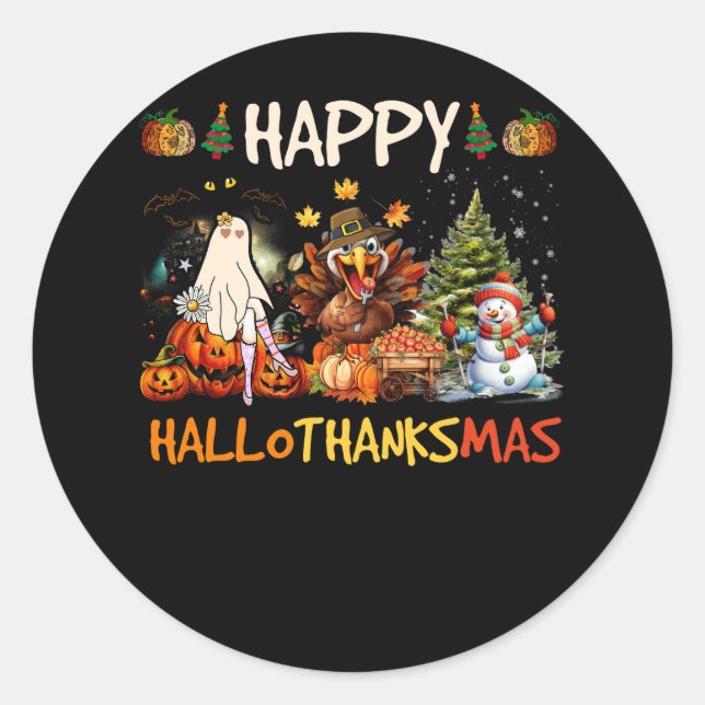 Happy Hallothanksmas Halloween Thanksgiving Christ Classic Round Sticker (Front)