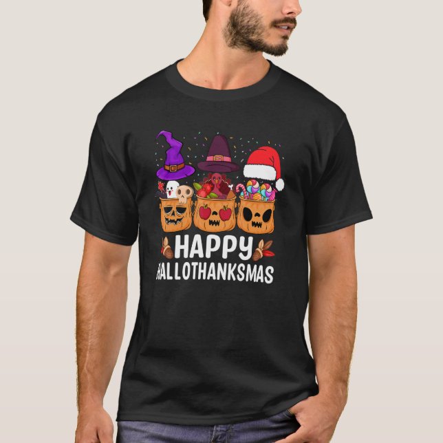 Happy Hallothanksmas Halloween Thanksgiving Christ T-Shirt (Front)