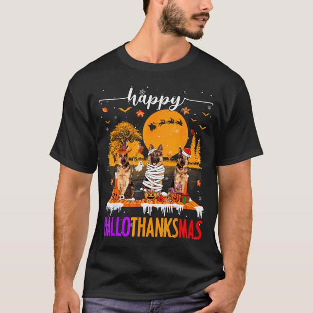 Happy Hallothanksmas Halloween Xmas German Shepher T-Shirt (Front)