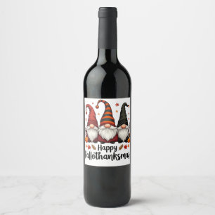 Happy Hallothanksmas Halloween Xmas Gnomes  Wine Label