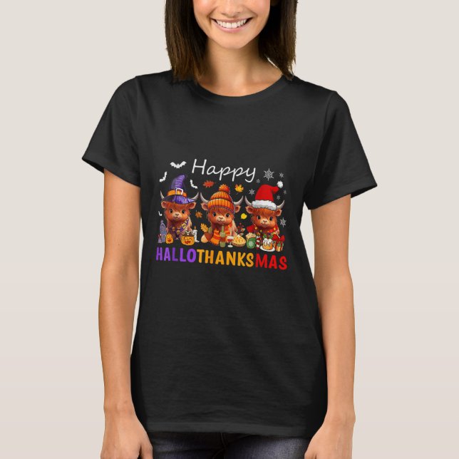 Happy Hallothanksmas Highland Cow Halloween Merry  T-Shirt (Front)