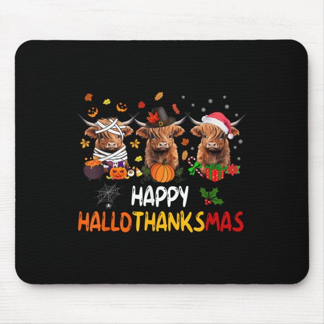 Happy Hallothanksmas Highland Cow Halloween Thanks Mouse Pad (Front)