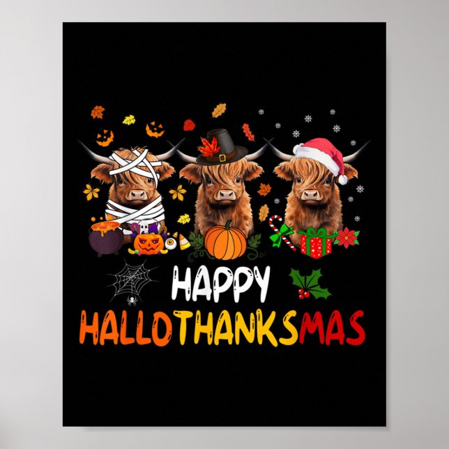 Happy Hallothanksmas Highland Cow Halloween Thanks Poster (Front)