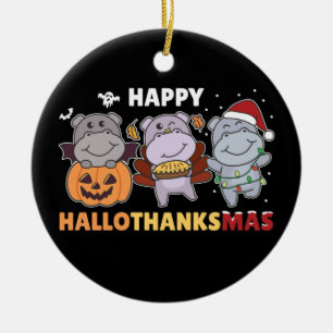 Happy Hallothanksmas Hippos Christmas Hippo Cerami Ceramic Ornament