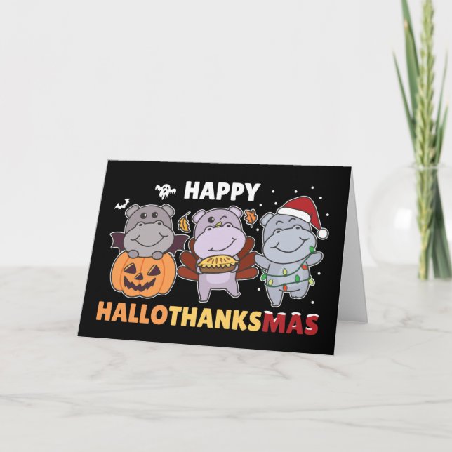 Happy Hallothanksmas Hippos Christmas Hippo Holida Holiday Card (Front)