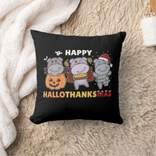 Happy Hallothanksmas Hippos Christmas Hippo Throw  Cushion