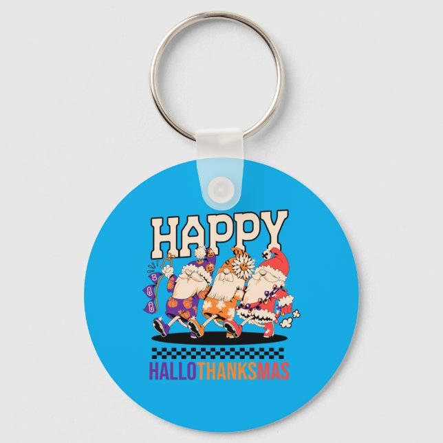 Happy Hallothanksmas Holiday Gnomes Design Key Ring (Front)