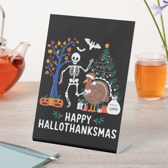 Happy Hallothanksmas Holiday Season Gift Fall Pedestal Sign (In SItu)