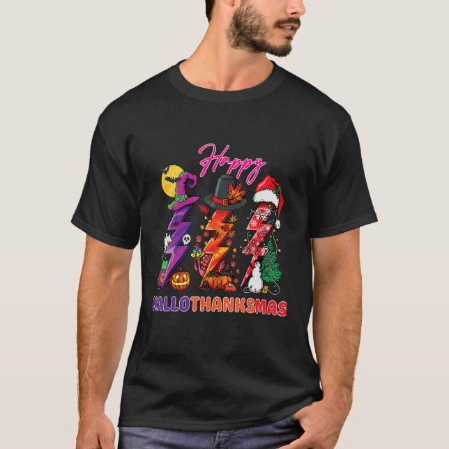 Happy Hallothanksmas lightning bolt Witch Santa Ha T-Shirt (Front)