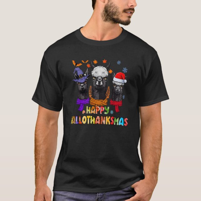 Happy HalloThanksMas Llama T-Shirt (Front)